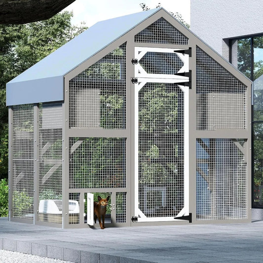 71" H Outdoor Cat Enclosure, Walk in Cats House Outside Weatherproof, Attach to House's Window