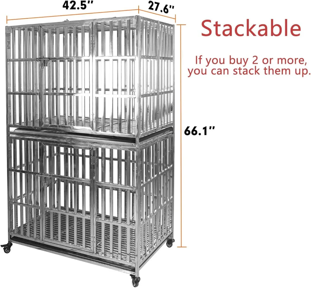 Stackable Stainless Steel Dog Crate, Heavy Duty Kennel, Foldable, with Lockable Rolling Wheels