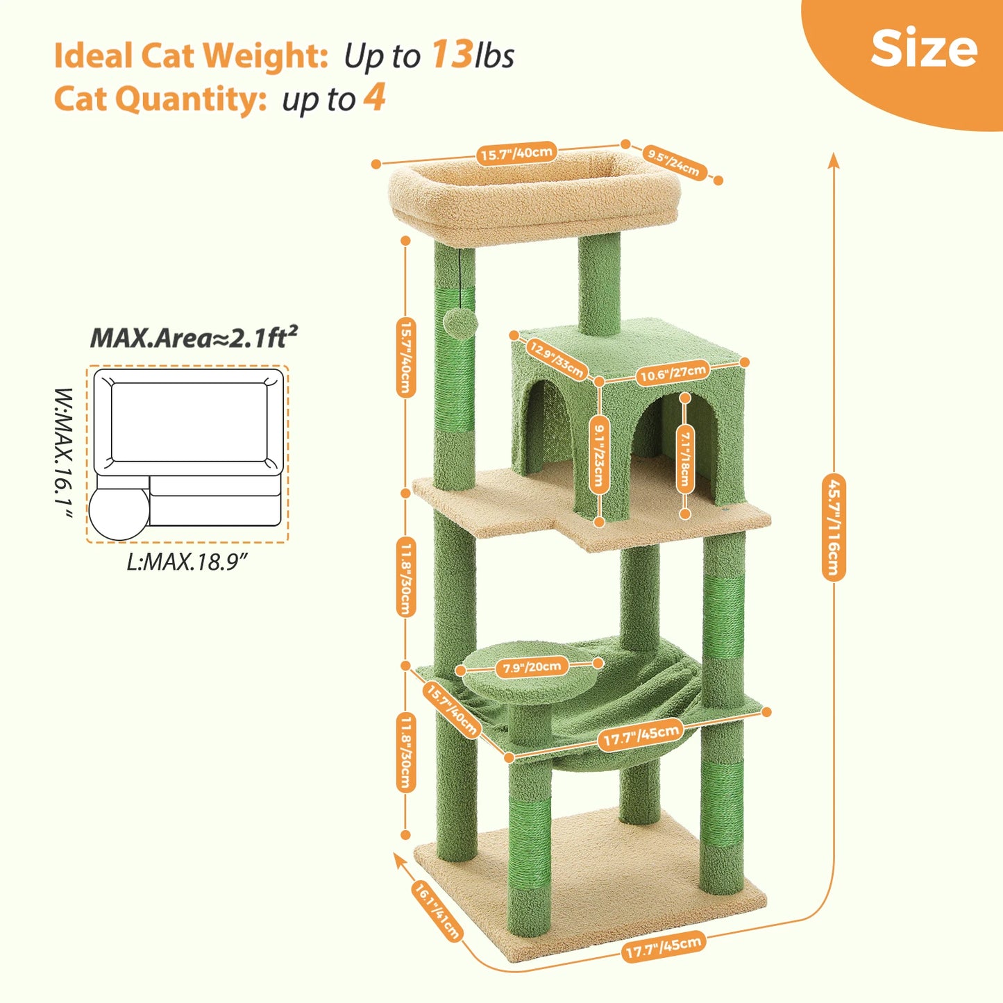 Cat Tree Tower for Large Cats, Plush Big Hammock, with 2 Door Condo House and Large Top Perch