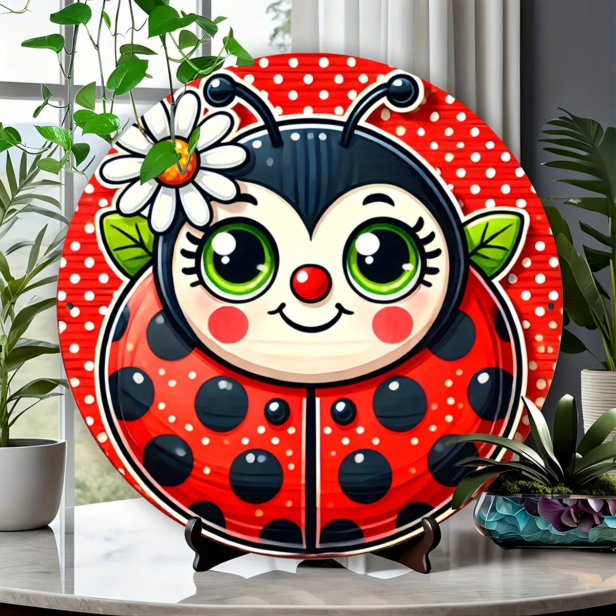 Charming Ladybug Daisy 8x8" Round Aluminum Wall Sign - Ideal for Home, Garden, Kitchen, Bar, Cafe