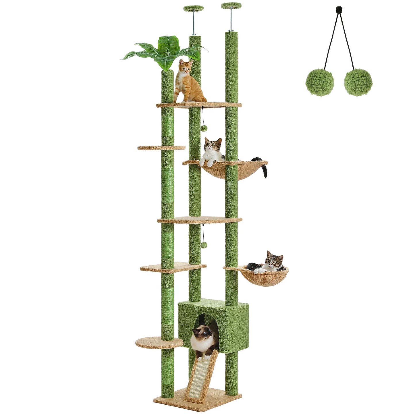 Floor to Ceiling  Cat Tree, Adjustable Height with Cat Condo, Cozy Hammock and Scratching Post