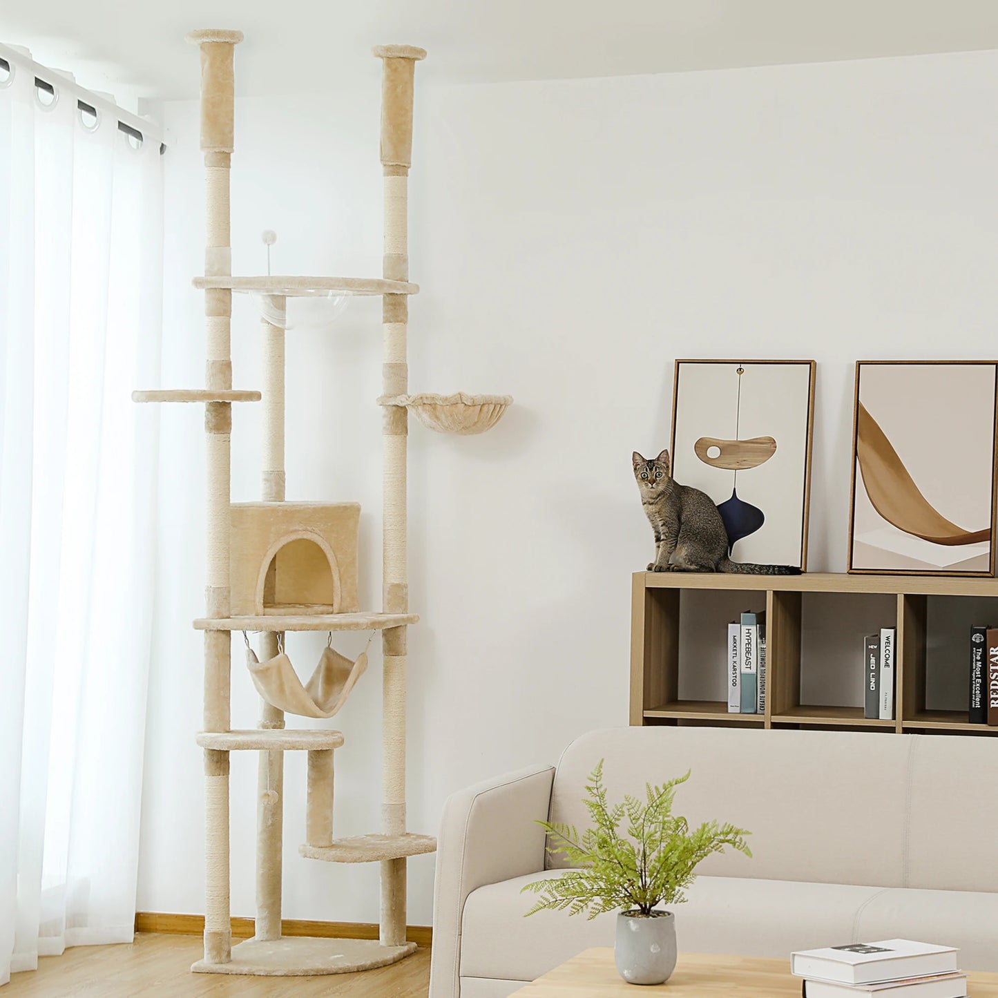 Floor to Ceiling Cat Tree Play House with Scratching Posts, Cozy Condo, Perches, Hammock