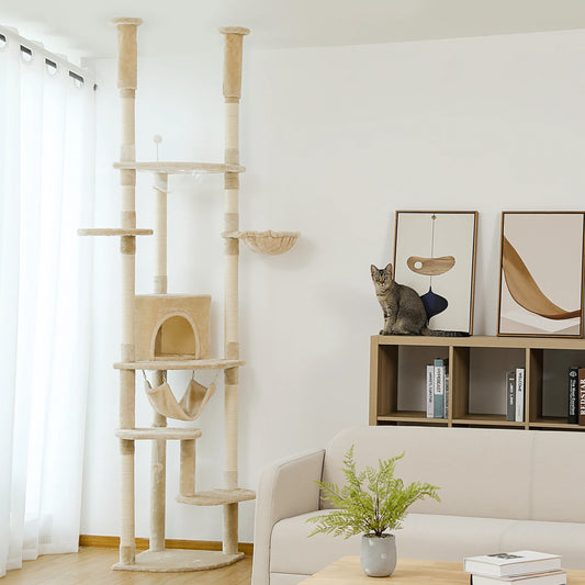 Floor to Ceiling Cat Tree Play House with Scratching Posts, Cozy Condo, Perches, Hammock