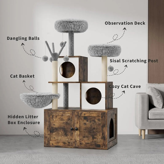 Litter Box Enclosure with Cat Tree Tower