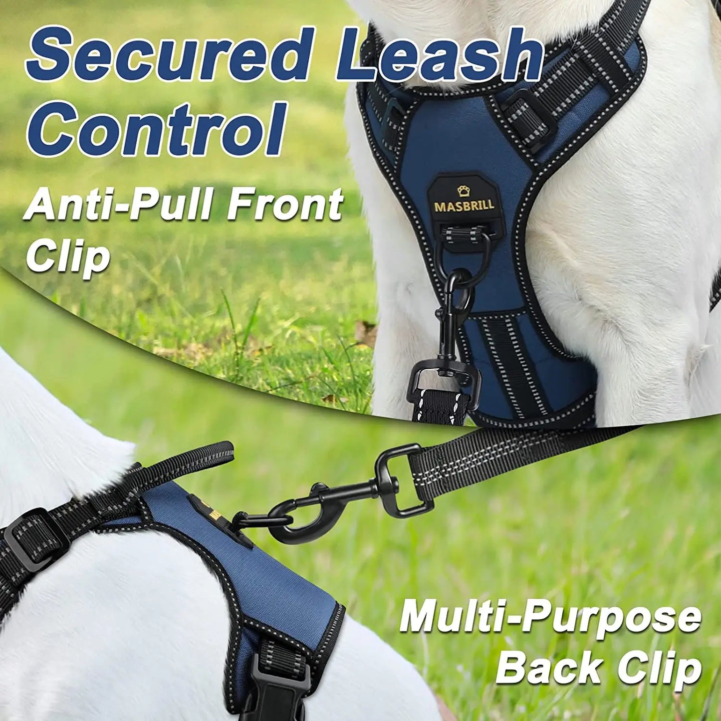 MASBRILL  No Pull Nylon Adjustable Reflective Dog Harness with 2 Metal Leash Hooks