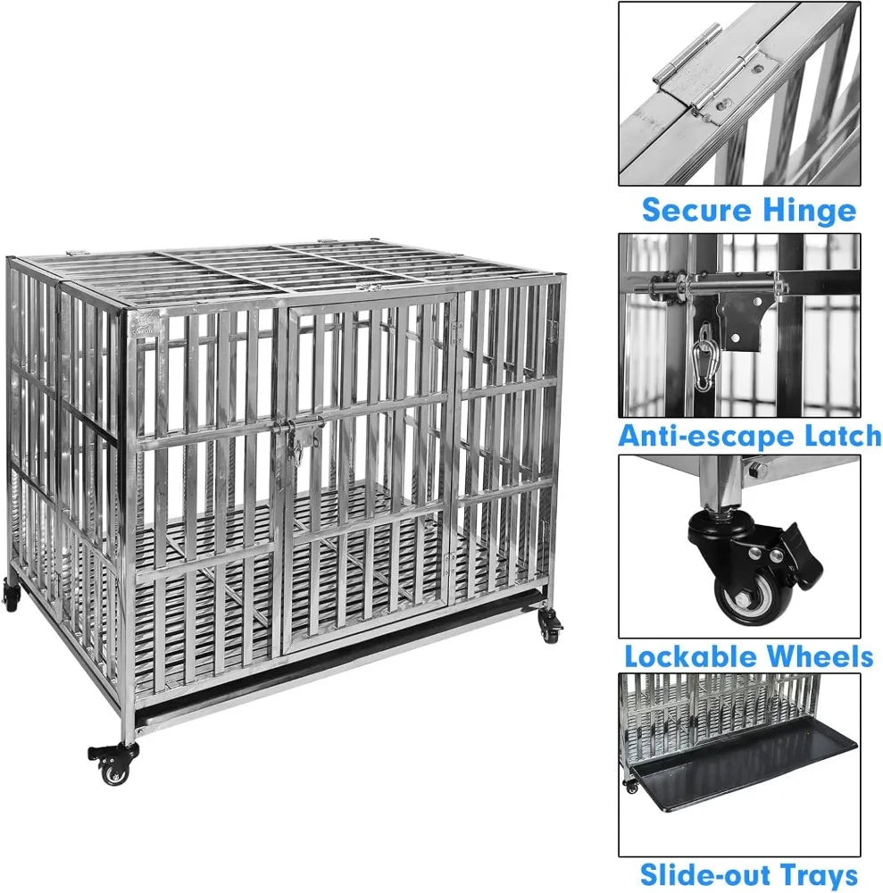 Stackable Stainless Steel Dog Crate, Heavy Duty Kennel, Foldable, with Lockable Rolling Wheels