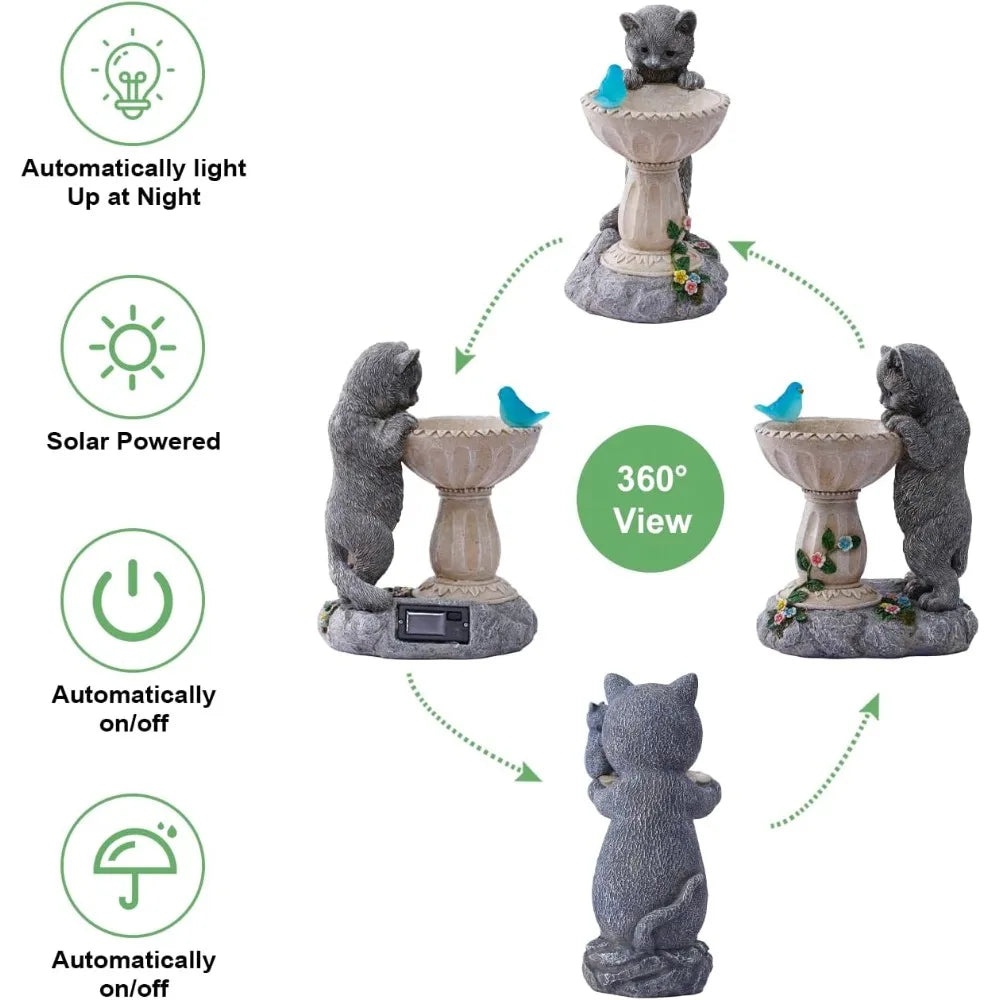 Solar Cat Bird Bath: Outdoor Sculptures for Garden - Unique Gifts - NEW