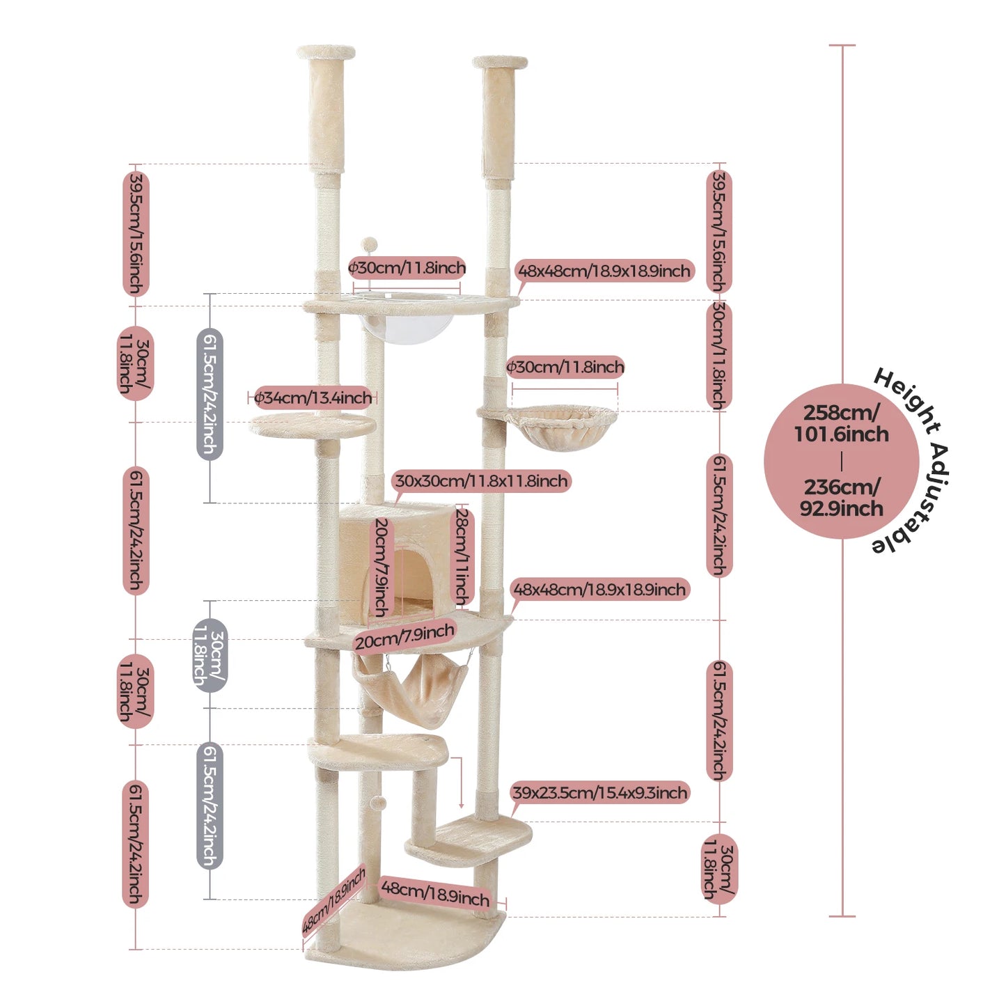 Floor to Ceiling Cat Tree Play House with Scratching Posts, Cozy Condo, Perches, Hammock