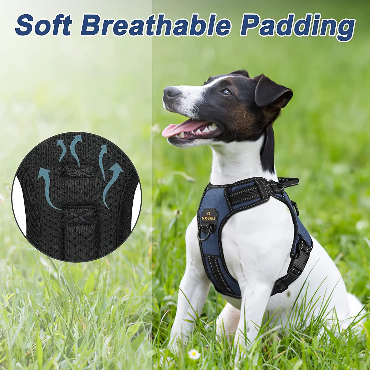 MASBRILL  No Pull Nylon Adjustable Reflective Dog Harness with 2 Metal Leash Hooks
