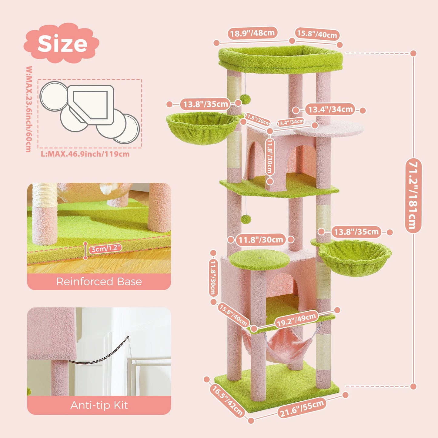 Plush Cat Tower with Sisal Scratching Post, Spacious Condos, Cozy Hammock