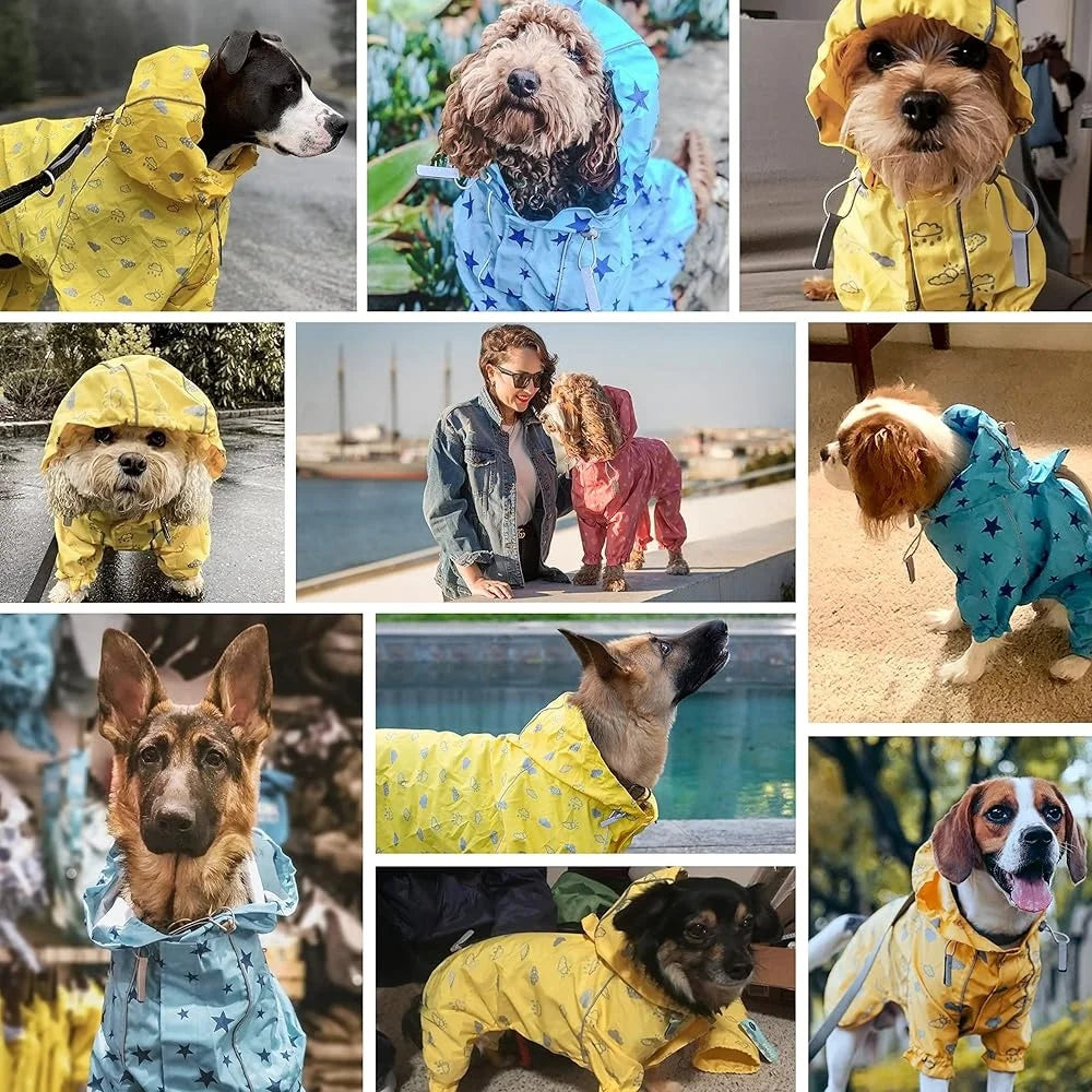 Lightweight Waterproof Dog Raincoat with Hood Harness Hole Reflective Cloud Prints
