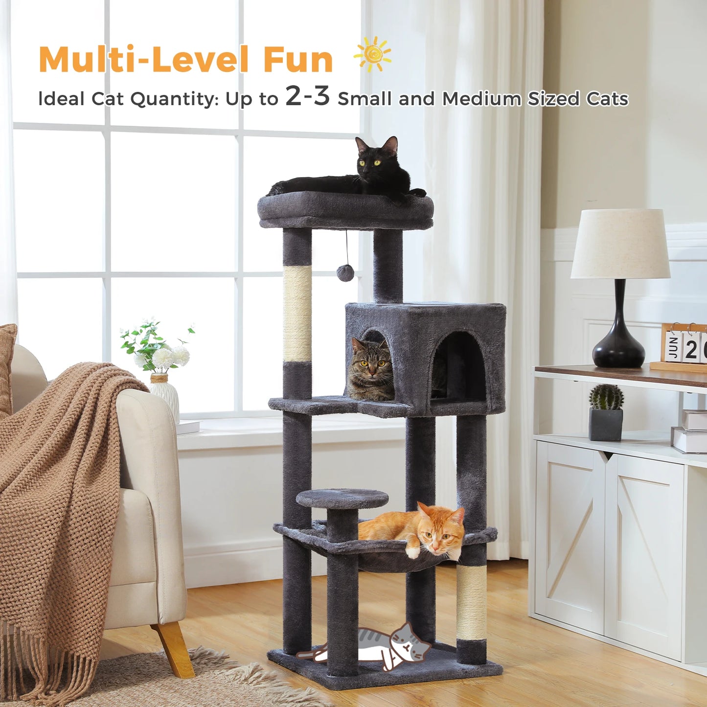 Multi-Level Cat Tree with Sisal Scratching Posts, Cozy Condo and a Big Hammock