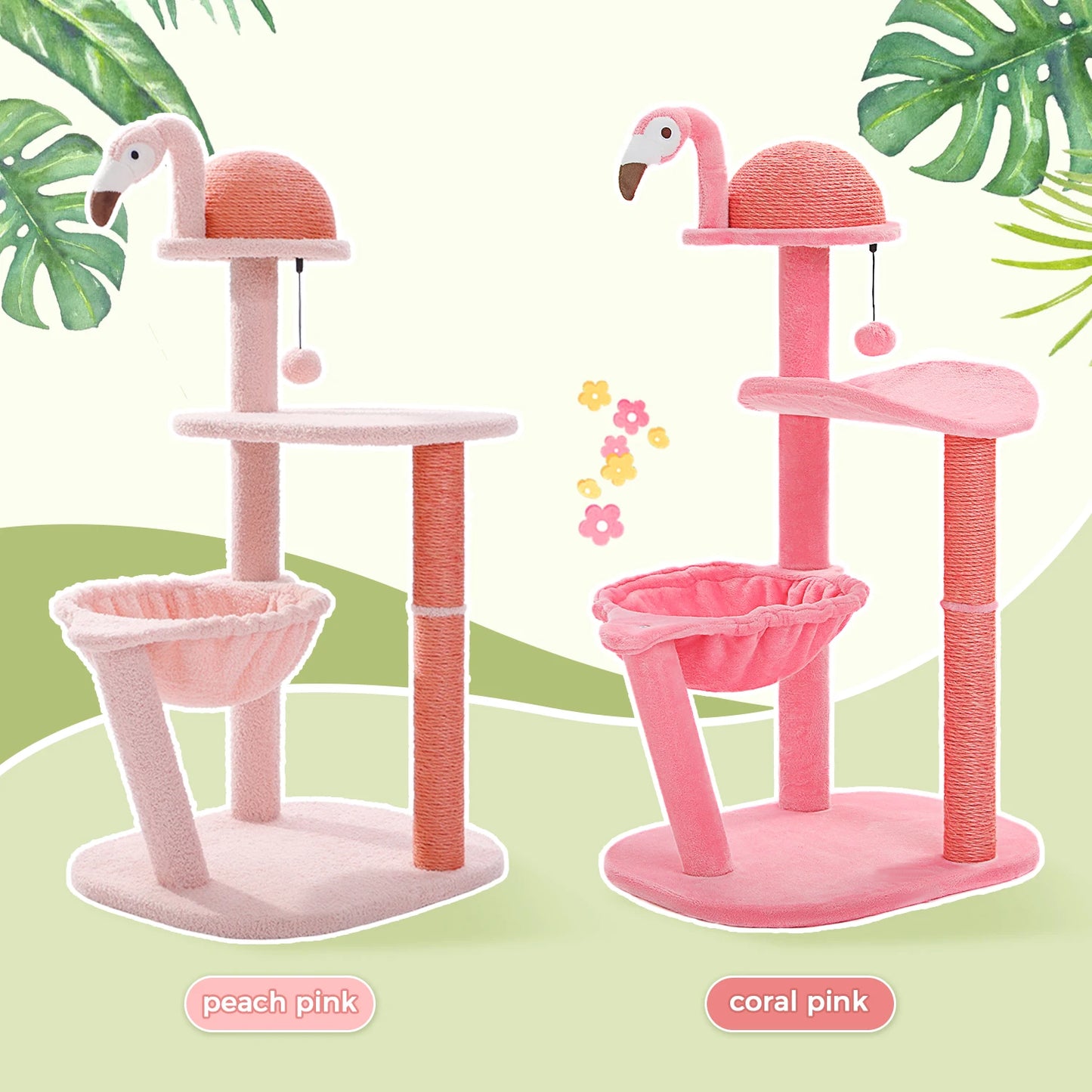 Flamingo Pink Cat Tower with Sisal Scratching Posts for Cats, Kittens with Perch and Hammock