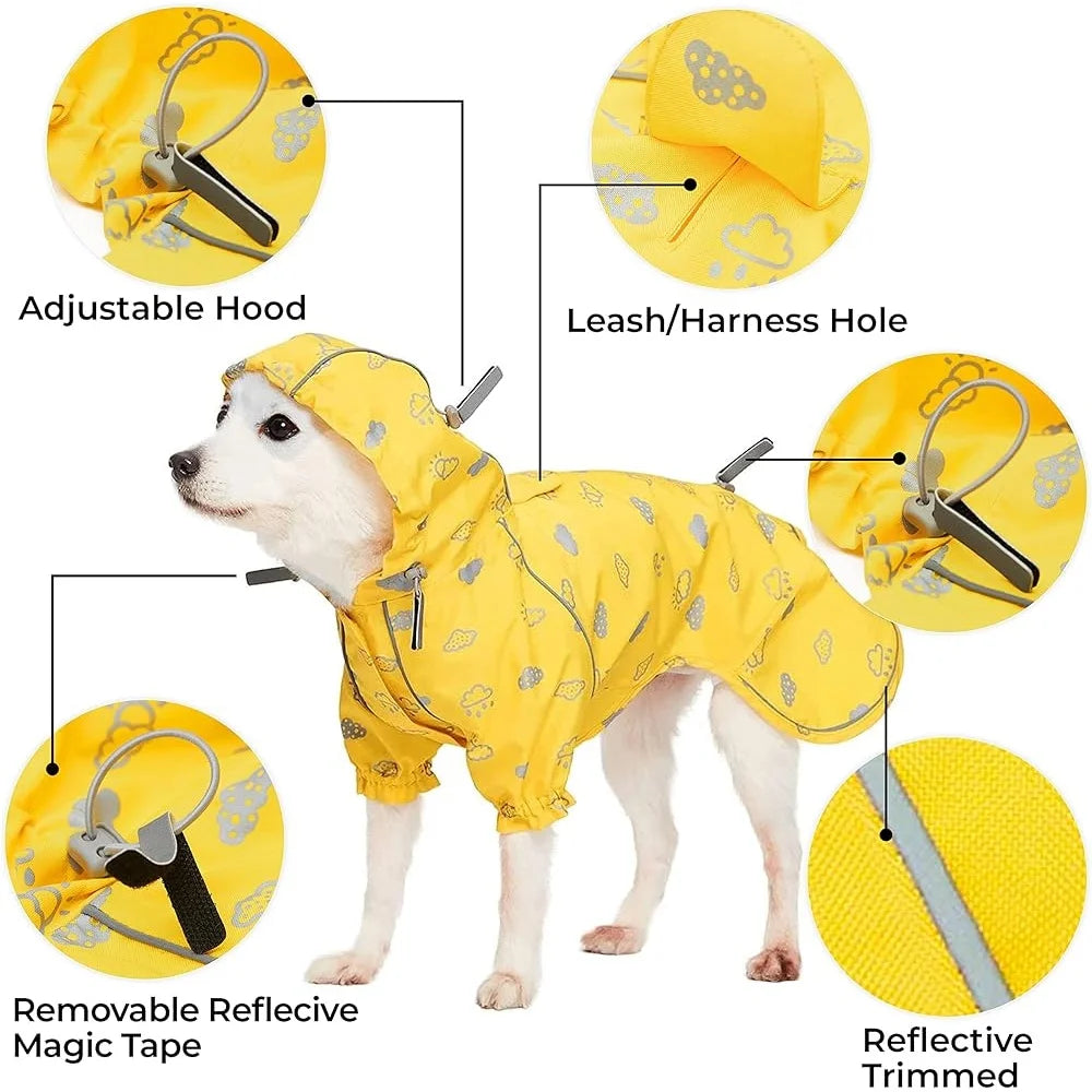 Lightweight Waterproof Dog Raincoat with Hood Harness Hole Reflective Cloud Prints
