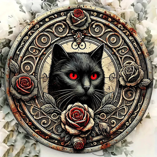 Gothic Black Cat & Red Rose Metal Wall Art