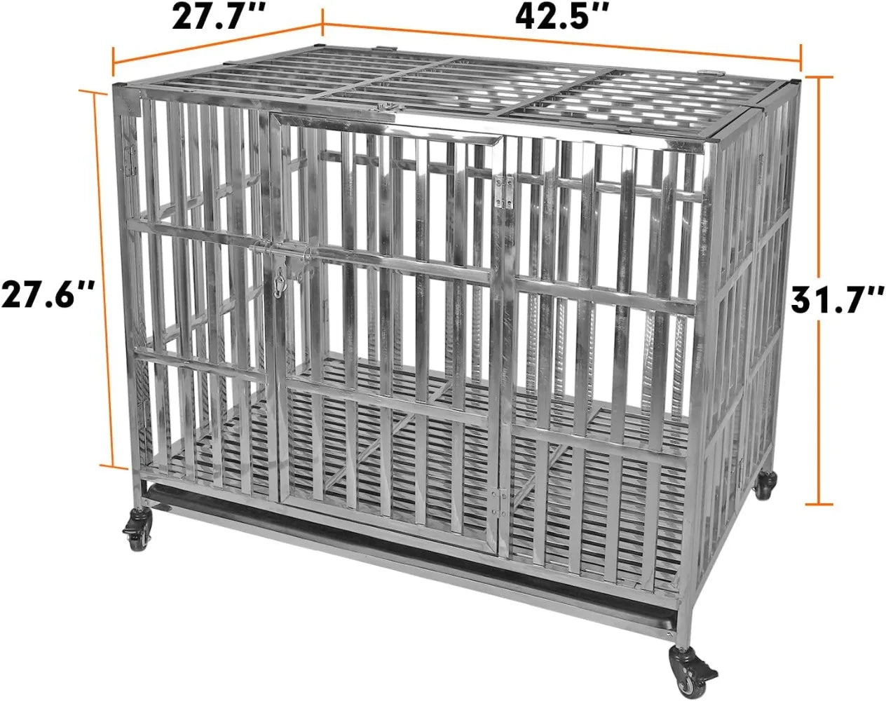 Stackable Stainless Steel Dog Crate, Heavy Duty Kennel, Foldable, with Lockable Rolling Wheels