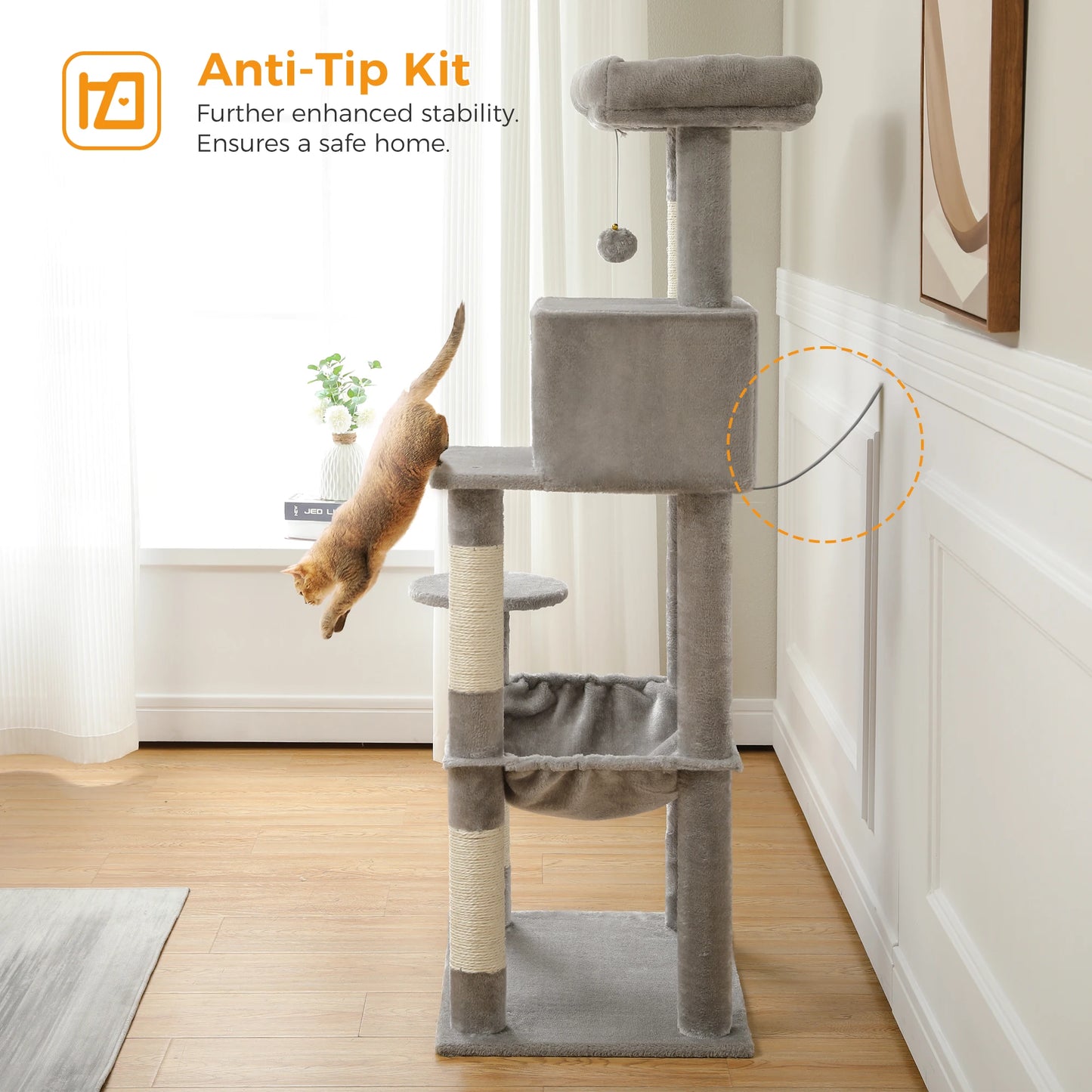 5-Level Cat Tower for Large Cats with Large Hammock, Sisal Covered Scratching Posts, Cozy Condo, and Top Perch
