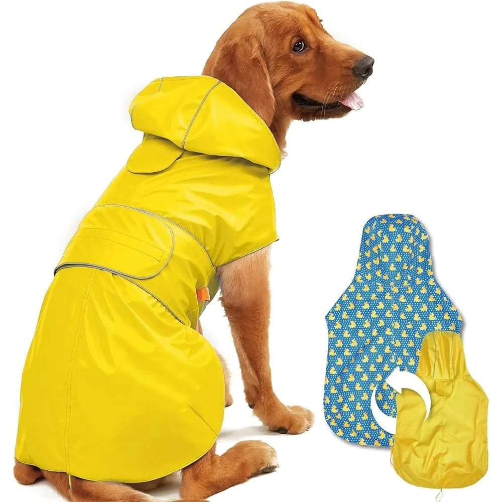 Reversible Waterproof Dog Raincoat Adjustable Slicker Poncho with Leash Hole Reflective Stripe Hooded Design For All Weather