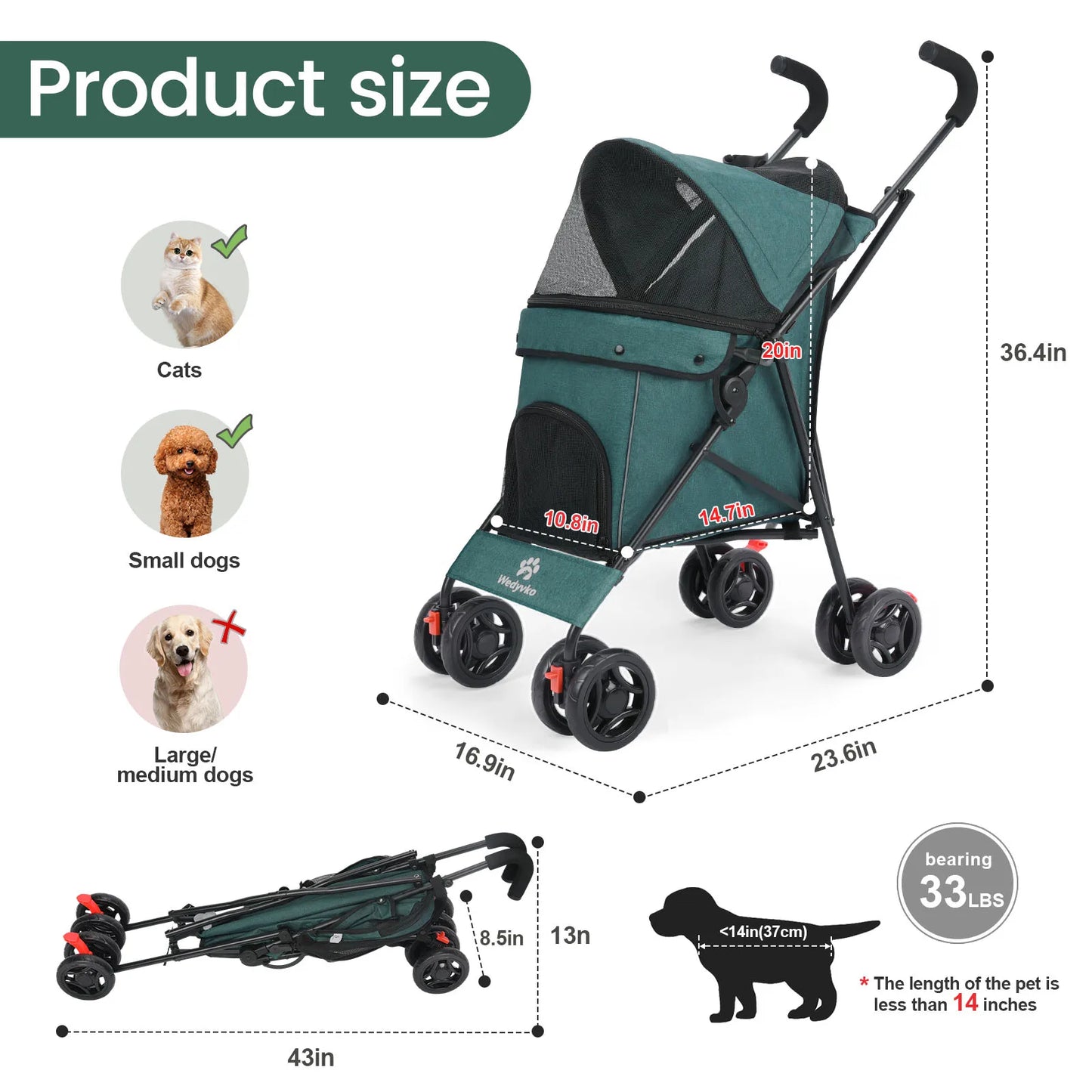 Puppy-Cat-Dog Breathable Stroller, Lightweight, Folding