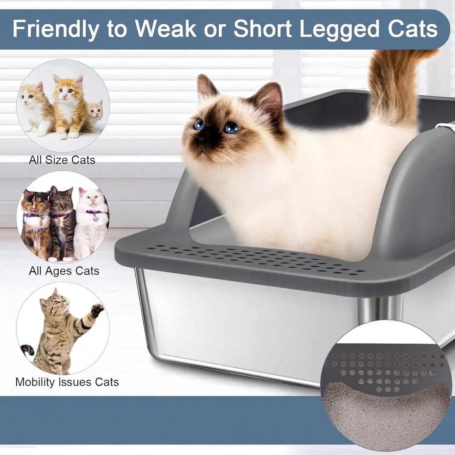 Stainless Litter Box With Scoop, High Sides , Easy Cleaning