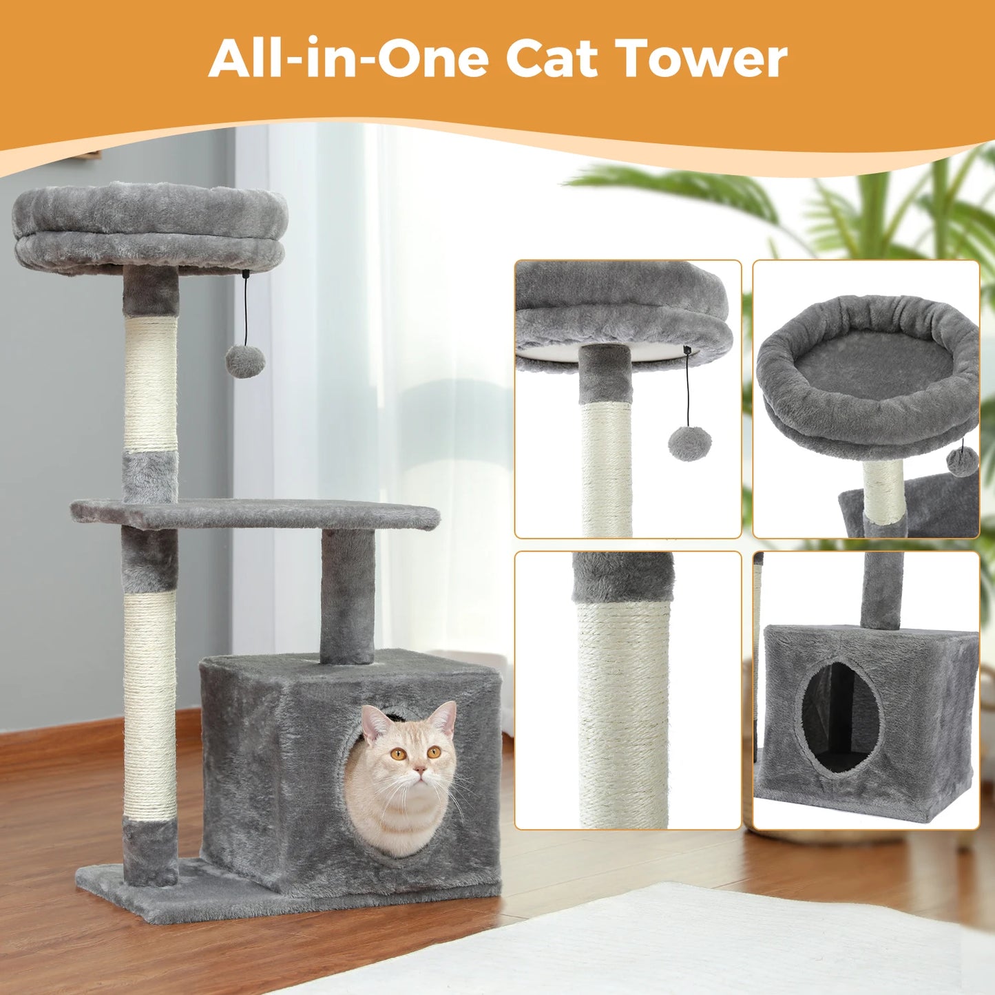 Small Cat Tree with Sisal Scratching Posts, Top Perch, Cozy Condo