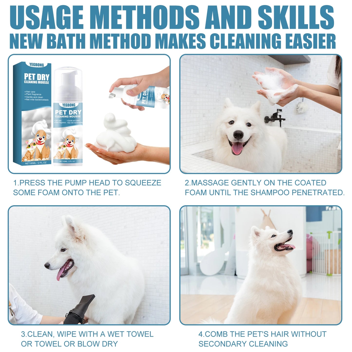 Waterless Mousse Spray for Small Animals Non-irritating Remove Bad Odors Smoothing Hair Stain Removal Mousse