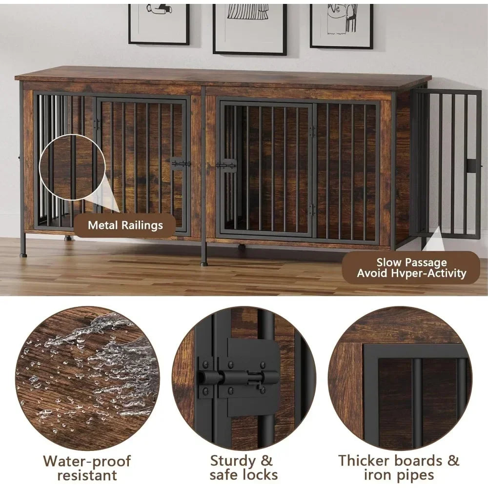 Extra Large Double Dog Crate Furniture Large Breed, 78.74"L x 27.56"W x 32.68"H