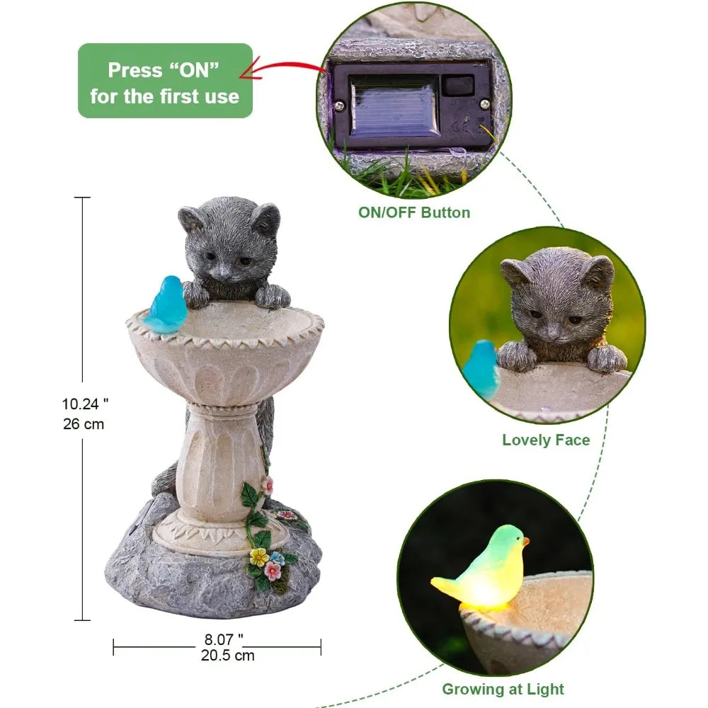 Solar Cat Bird Bath: Outdoor Sculptures for Garden - Unique Gifts - NEW