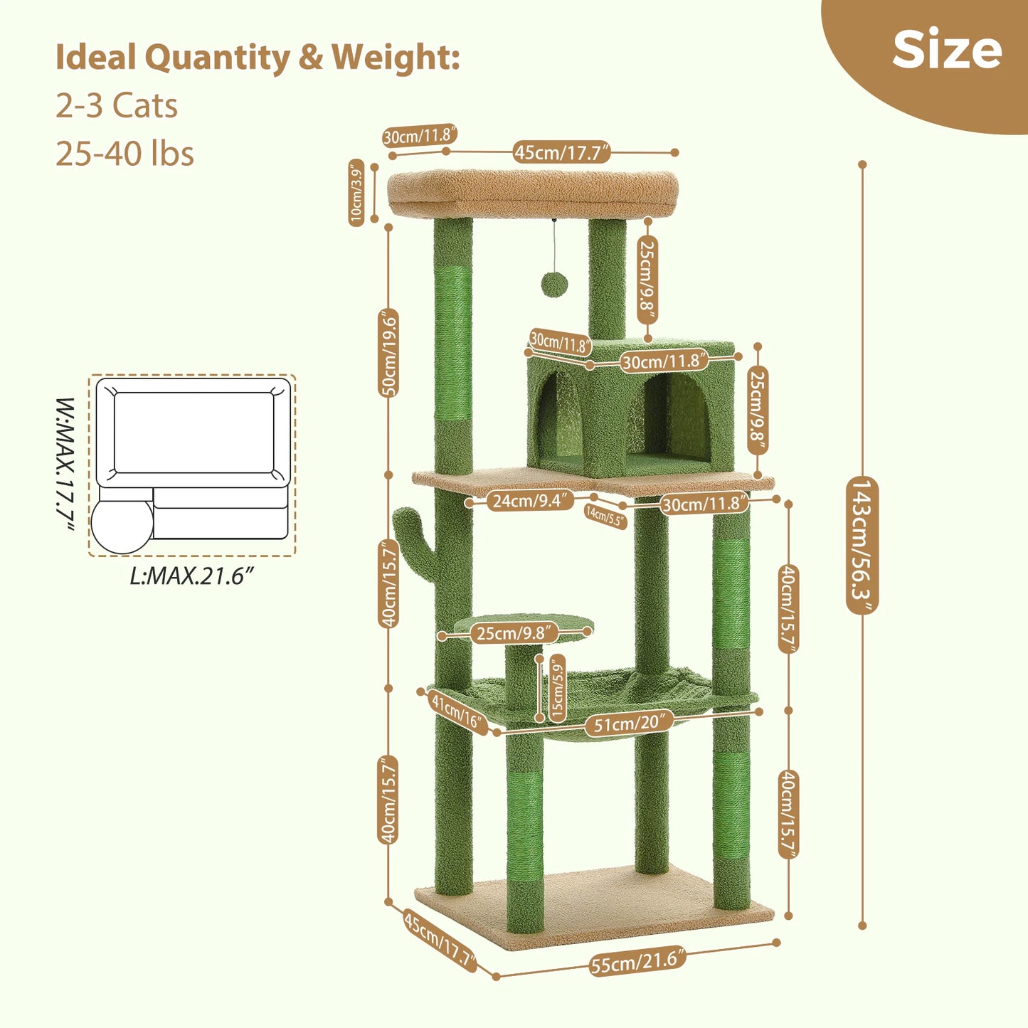 Cat Tree Tower for Large Cats, Plush Big Hammock, with 2 Door Condo House and Large Top Perch
