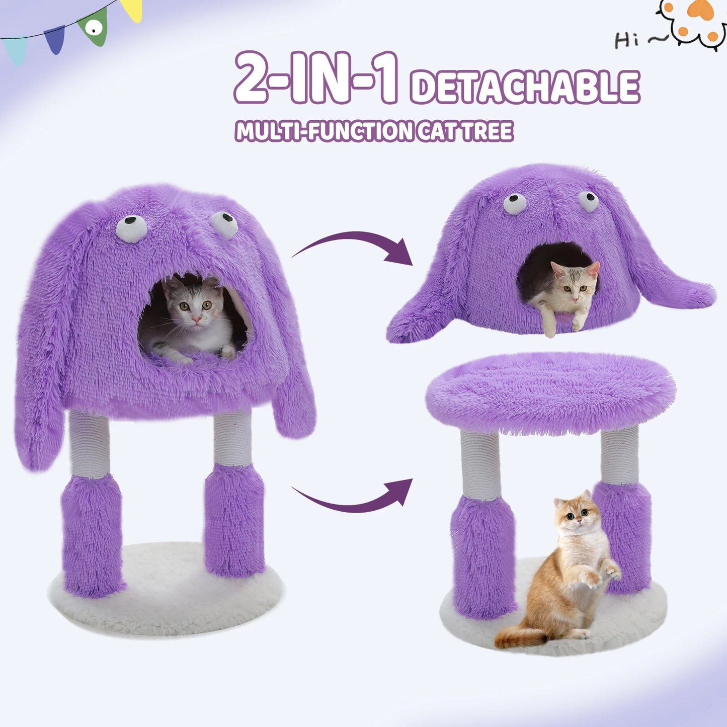 2 in 1 Cat Tree with Natural Sisal Scratching Posts, Cute Plush Tower