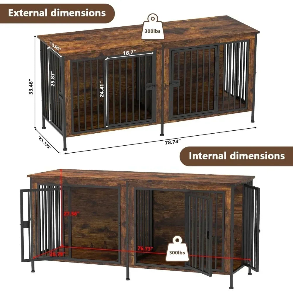 Extra Large Double Dog Crate Furniture Large Breed, 78.74"L x 27.56"W x 32.68"H