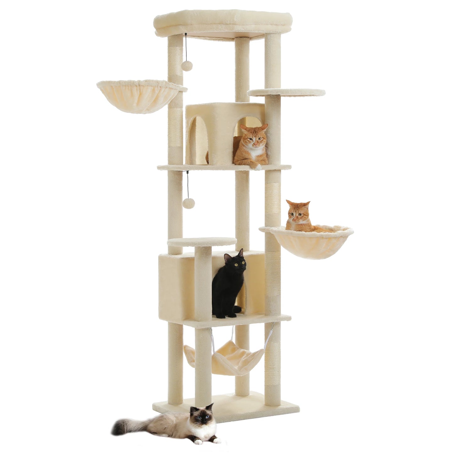 Plush Cat Tower with Sisal Scratching Post, Spacious Condos, Cozy Hammock