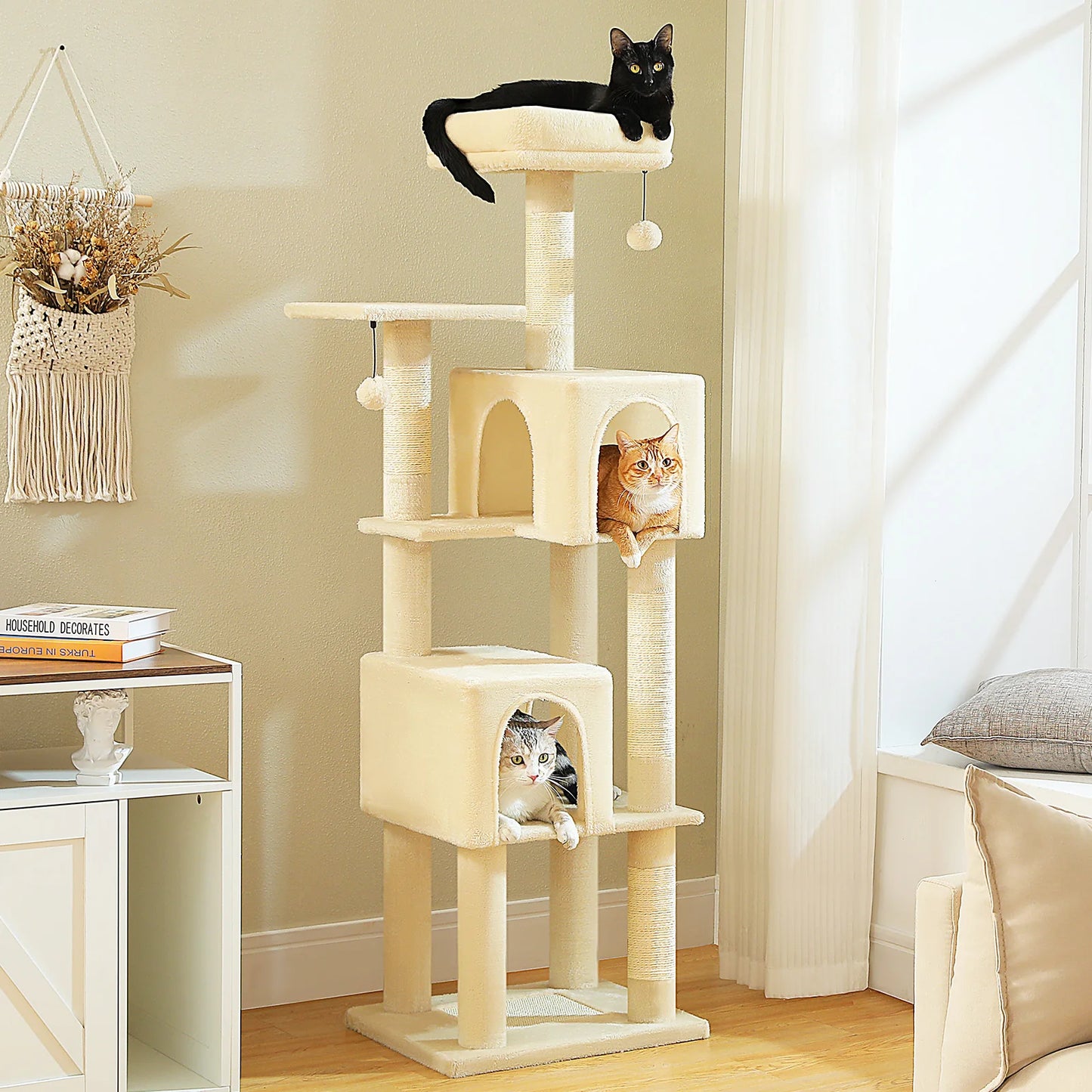 Cat Tree Tower with 4 Natural Sisal Scratching Posts, 2 Spacious Cozy Condos